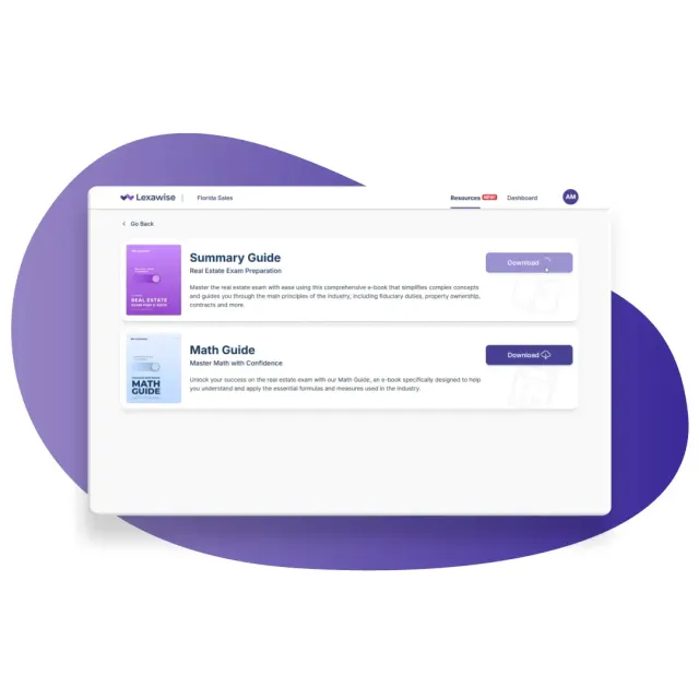 Two tablets showing Lexawise guides: Real Estate Exam Prep (purple) & Math Guide (blue). Ideal for aspiring agents.